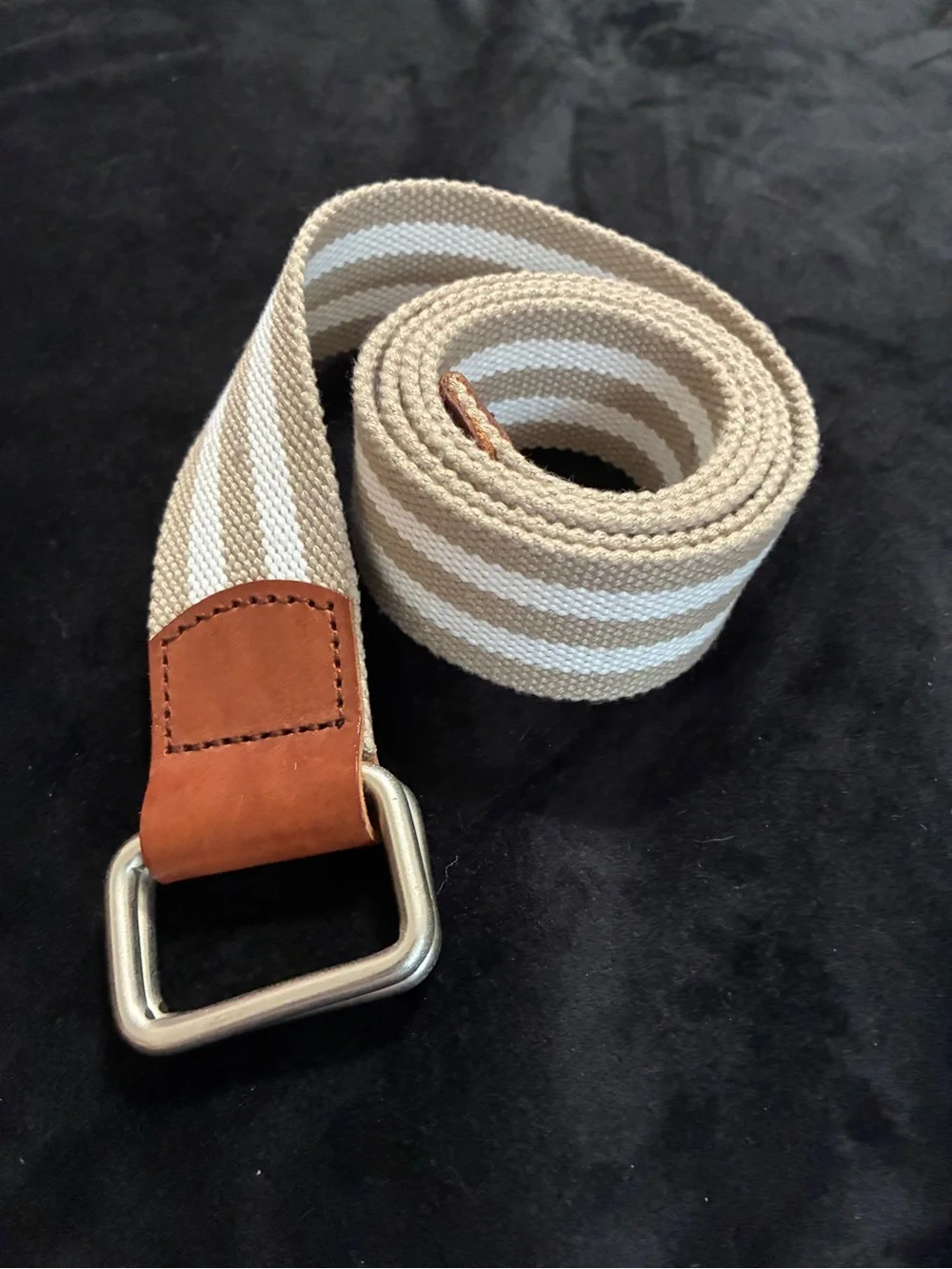 Canvas Double D-Ring Belt Khaki White Striped Woven 45” x 1.5” Leather Trim